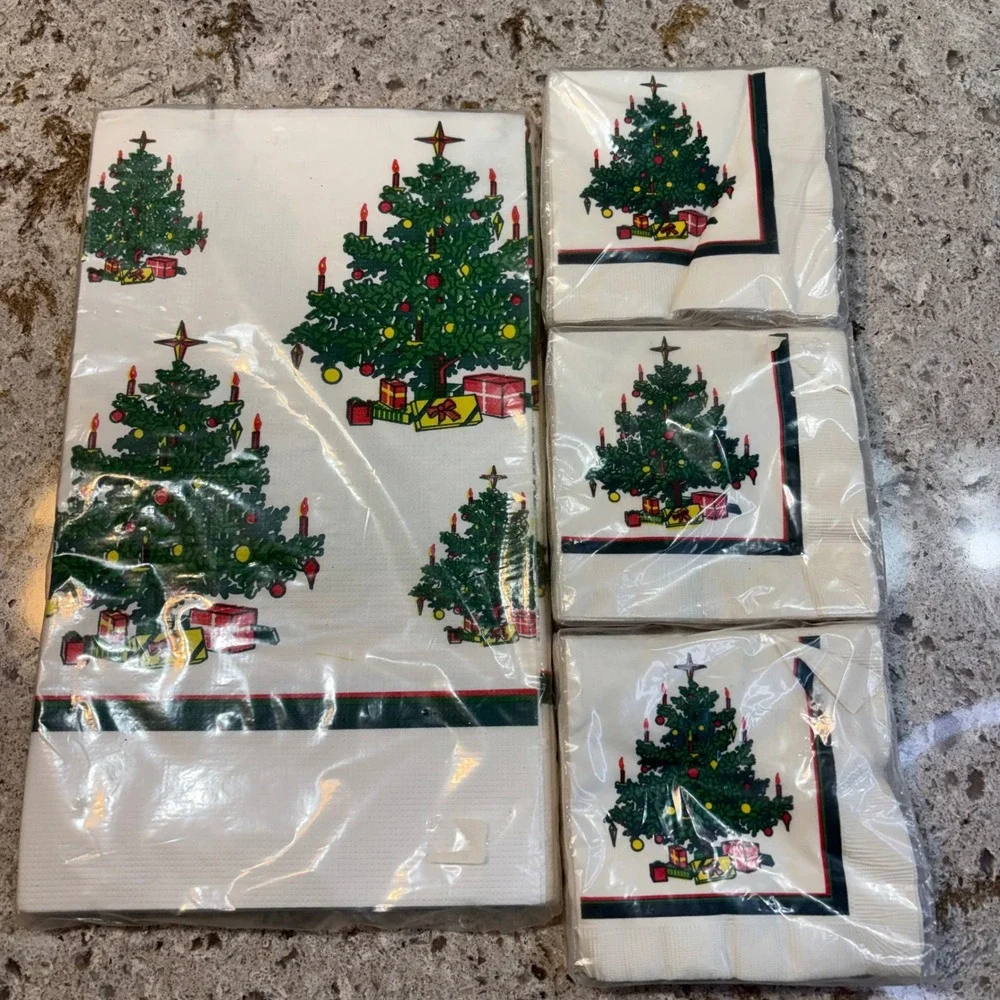 Artfaire Christmas Tree Table Cover and 48 Beverage Napkins Set Vintage Holiday